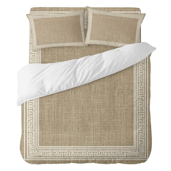 Duvet Cover Set Queen Size 4 Pieces, Key Design Vintage Light Brown Comforter Cover Soft Bedding Sets, Greece Inspired Pattern Flax Bed Set Include 1 Duvet Cover, 2 Pillow Shams, 1 Bed Sheet