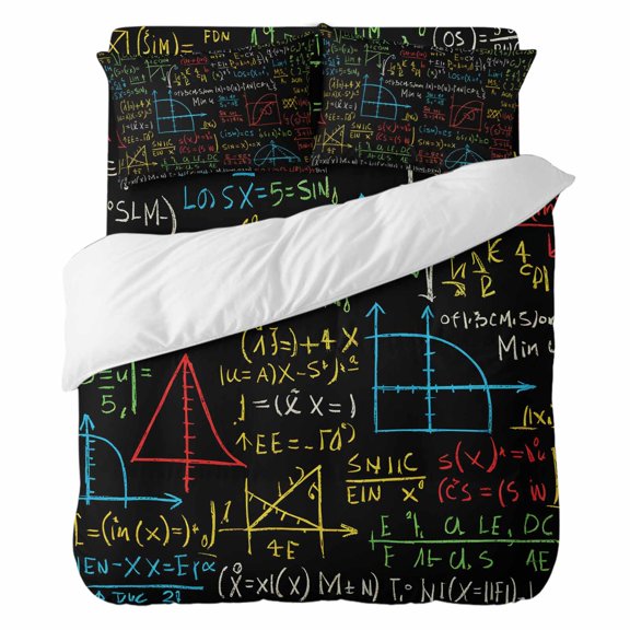 Duvet Cover Set Queen Size 4 Pieces, Mathematical Formulas Math Doodle Comforter Cover Soft Bedding Sets, Cartoon Style Bed Set Include 1 Duvet Cover, 2 Pillow Shams, 1 Bed Sheet for All Season