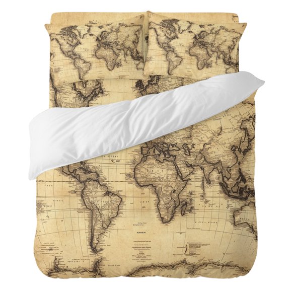 Duvet Cover Set Queen Size 4 Pieces, Retro Yellow World Map North America Asia Comforter Cover Soft Bedding Sets, Pacific Plate Bed Set Include 1 Duvet Cover, 2 Pillow Shams, 1 Bed Sheet