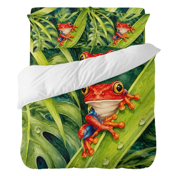 Duvet Cover Set Queen Size 4 Pieces, Summer Wildlife Red Frog Pattern Comforter Cover Soft Bedding Sets, Tropical Palm Leaf Bed Set Include 1 Duvet Cover, 2 Pillow Shams, 1 Bed Sheet for All Season