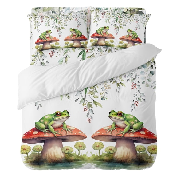 Duvet Cover Set Queen Size 4 Pieces, Watercolor Frog on Mushroom Comforter Cover Soft Bedding Sets, Eucalyptus Leaf Floral on White Bed Set Include 1 Duvet Cover, 2 Pillow Shams, 1 Bed Sheet