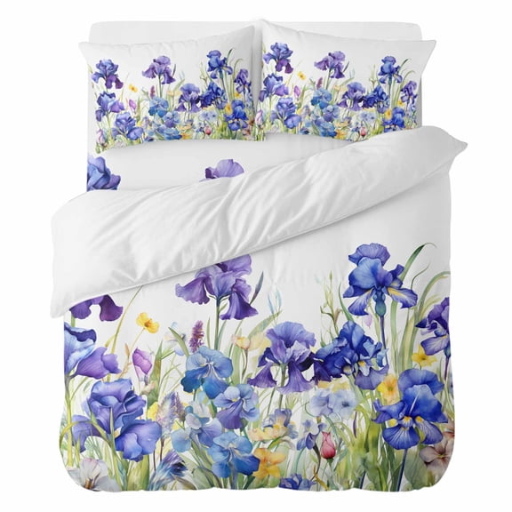 Duvet Cover Set Queen Size 4 Pieces, Watercolor Garden Spring Flower Iris Comforter Cover Soft Bedding Sets, Blossom Floral on White Bed Set Include 1 Duvet Cover, 2 Pillow Shams, 1 Bed Sheet