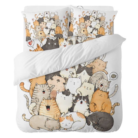 Duvet Cover Set Queen Size 4 Pieces, Whimsical Stacked Cartoon Cats Comforter Cover Soft Bedding Sets, Watercolor Cute Kitties Bed Set Include 1 Duvet Cover, 2 Pillow Shams, 1 Bed Sheet