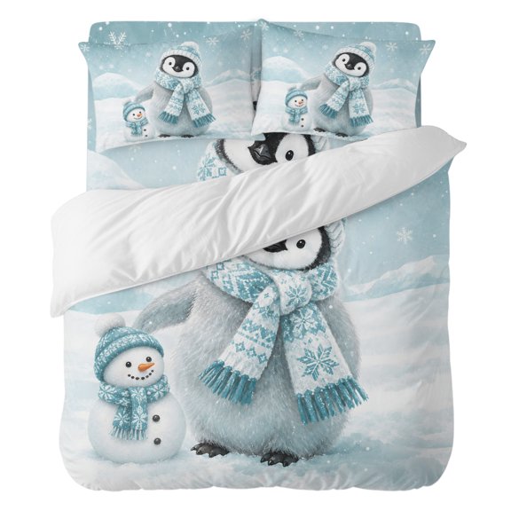 Duvet Cover Set Queen Size 4 Pieces, Winter Penguin Snowman Comforter Cover Soft Bedding Sets, Falling Snowflake Icy Mountains Bed Set Include 1 Duvet Cover, 2 Pillow Shams, 1 Bed Sheet
