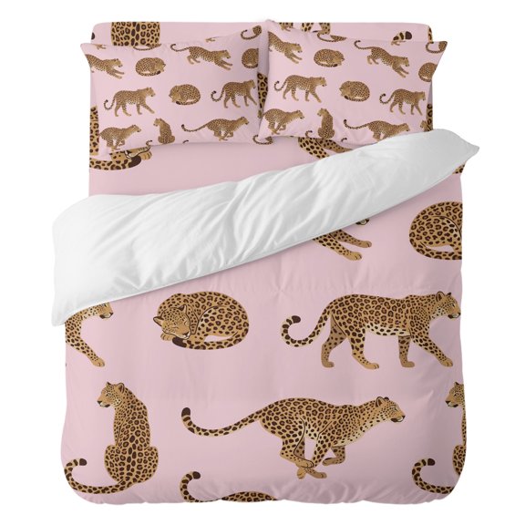 Duvet Cover Set Queen Size, Abstract Panthers on Pink Comforter Cover 4 Pieces Bedding Sets, Summer Tropical Animals Bed Set Include 1 Duvet Cover, 2 Pillow Shams, 1 Bed Sheet for All Season