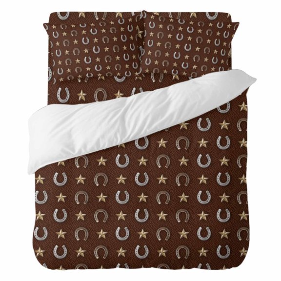 Duvet Cover Set Queen Size, Retro Western Horse-footed Iron on Brown Comforter Cover 4 Pieces Bedding Sets, Yellow Star Bed Set Include 1 Duvet Cover, 2 Pillow Shams, 1 Bed Sheet for All Season