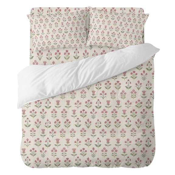 Duvet Cover Set Queen Size, Romantic Pink Flowers Comforter Cover 4 Pieces Bedding Sets, Tiny Rosebud Ditsy Floral Bed Set Include 1 Duvet Cover, 2 Pillow Shams, 1 Bed Sheet for All Season