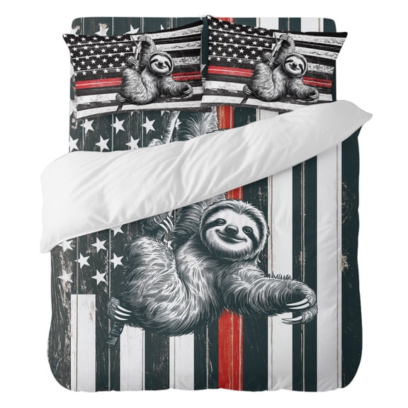 Duvet Cover Set Queen Size, USA Flag Red Line Firefighter with Sloth Comforter Cover 4 Pieces Bedding Sets, Wooden Texture Bed Set Include 1 Duvet Cover, 2 Pillow Shams, 1 Bed Sheet for All Season
