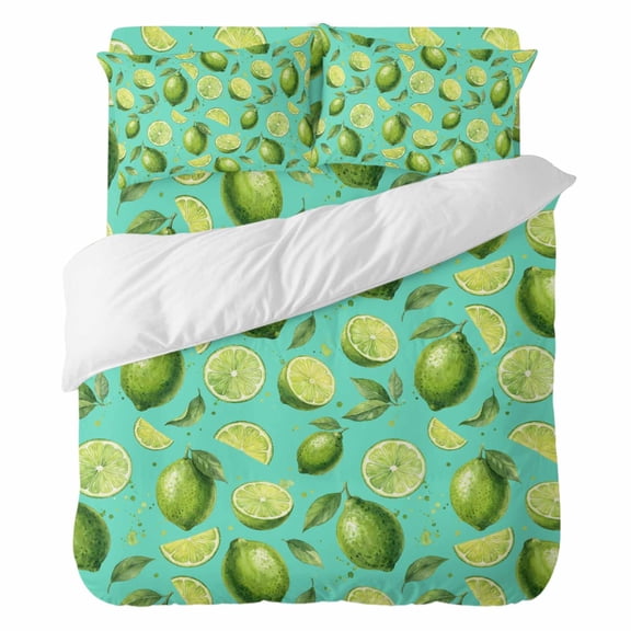 Duvet Cover Set Queen Size, Watercolor Green Lime on Teal Comforter Cover 4 Pieces Bedding Sets, Summer Tropical Fruits Bed Set Include 1 Duvet Cover, 2 Pillow Shams, 1 Bed Sheet for All Season