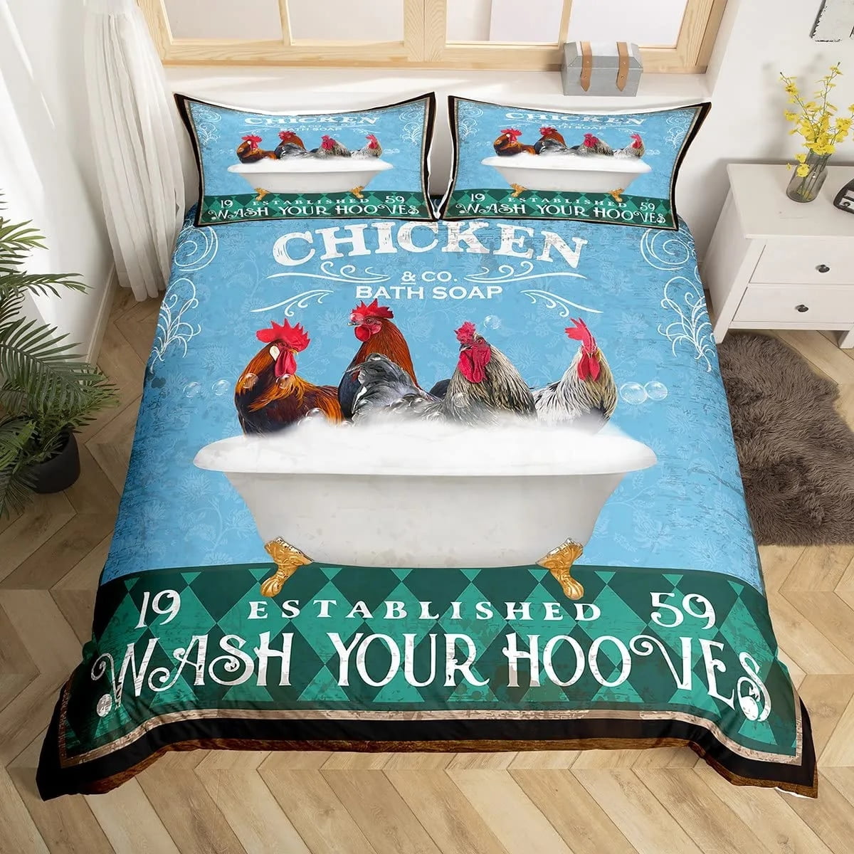 Duvet Cover Set Rooster and Hen Domestic Farm Animals In Abstract