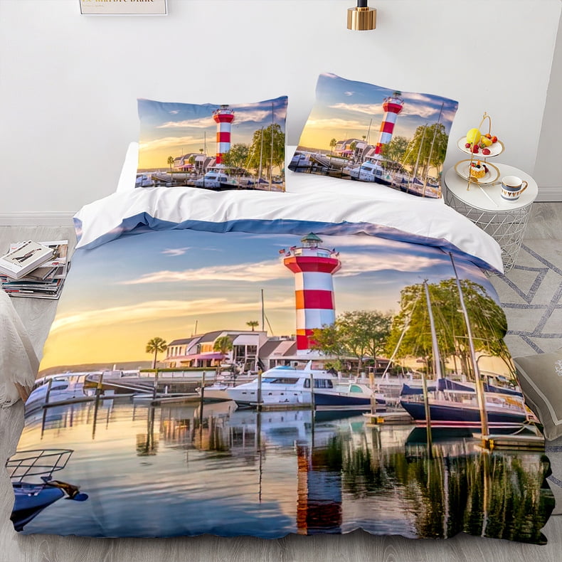 Duvet Cover Sets Lighthouse Duvet Cover Watercolor Ocean Themed Bedding Set King Summer Beach