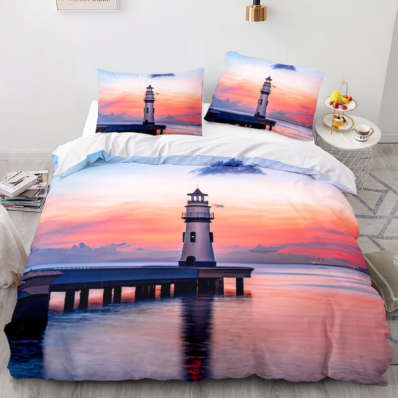 Duvet Cover Sets Lighthouse Duvet Cover Watercolor Ocean Themed Bedding Set King Summer Beach
