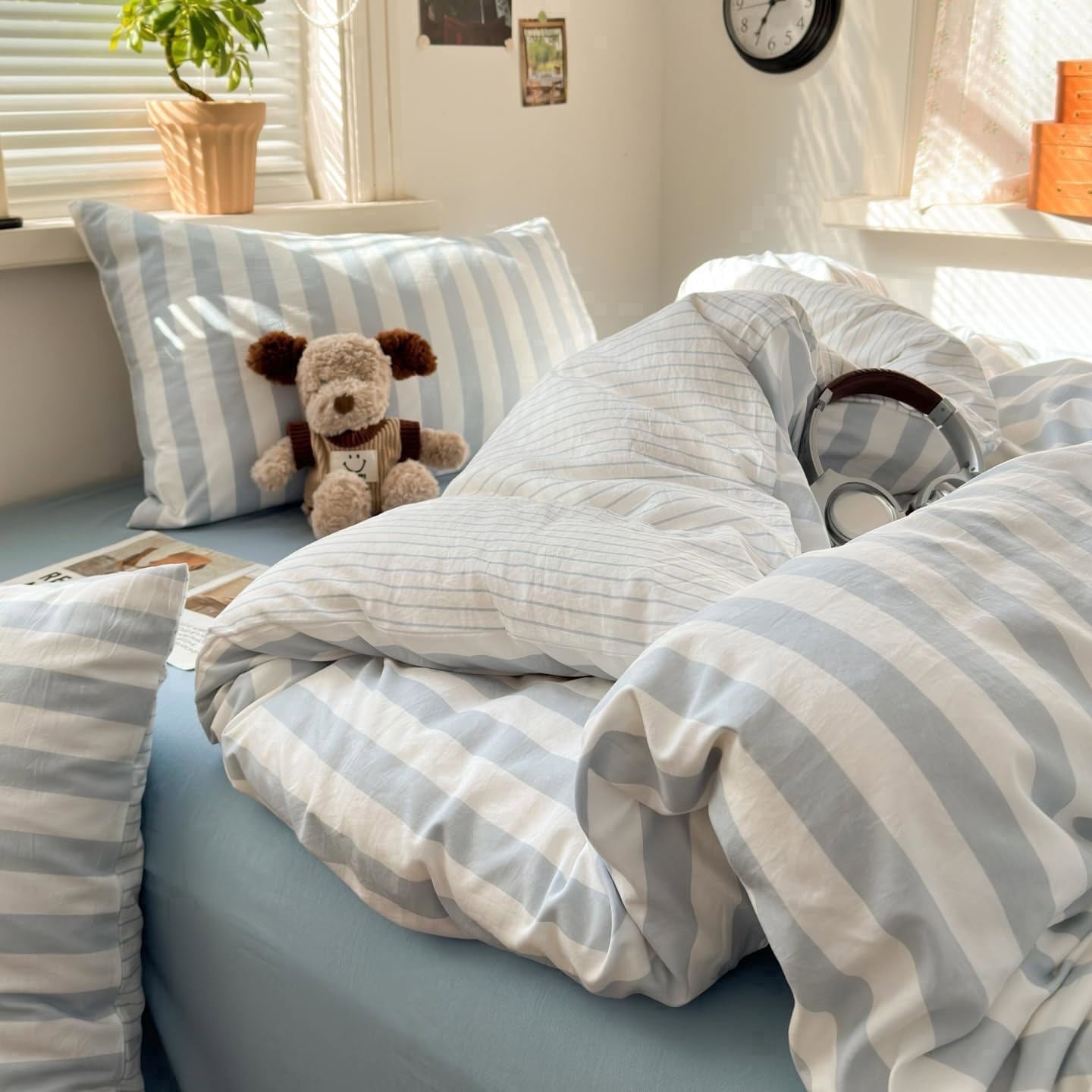 Duvet Cover Stripes Blue White Bedding Microfiber Duvet Cover Sets with Zipper Queen Size