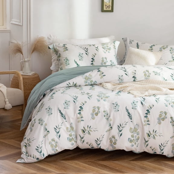 Duvet Cover Twin Size - 100% Washed Cotton Sage Green Eucalyptus Reversible Floral Duvet Cover Set 2 Pieces with Zipper Closure Corner Ties