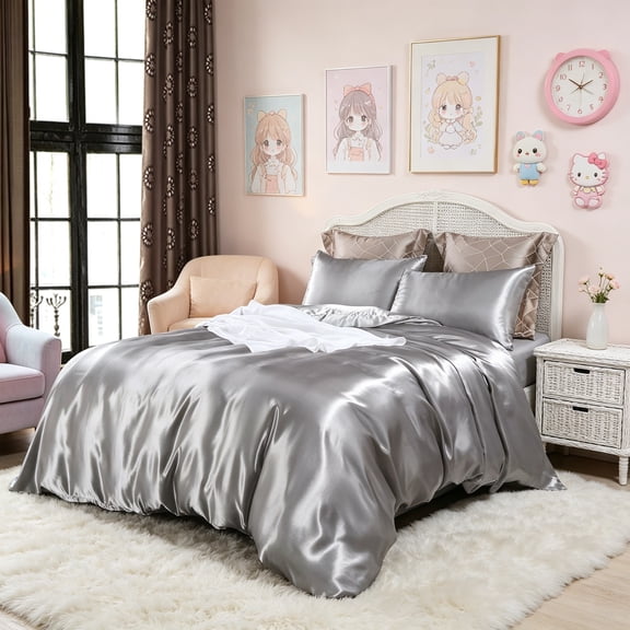 Duvet Cover - Ultra Soft Silky Satin Hotel Collection, Comforter Cover with Button Closure & Corner Ties, Full/Queen, Dark Grey