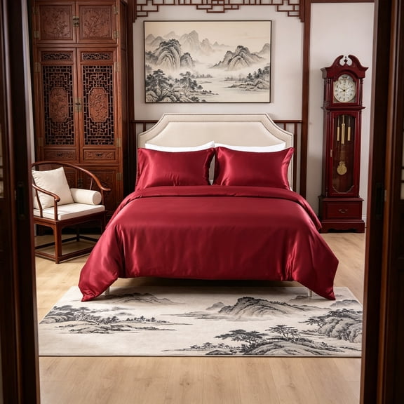 Duvet Cover - Ultra Soft Silky Satin Hotel Collection, Comforter Cover with Button Closure & Corner Ties, King/Cal King, Red