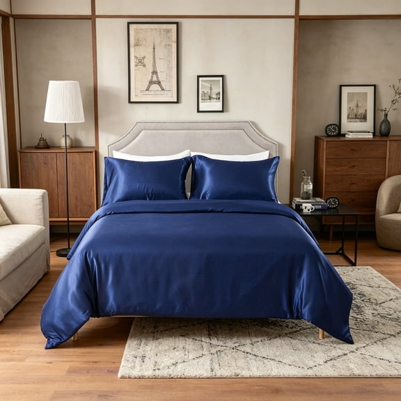 Duvet Cover - Ultra Soft Silky Satin Hotel Collection, Comforter Cover with Button Closure & Corner Ties, King/Cal King, Royal Blue