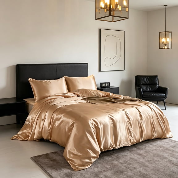 Duvet Cover - Ultra Soft Silky Satin, Hotel Collection, Comforter Cover with Button Closure & Corner Ties, Twin/Twin XL, Gold