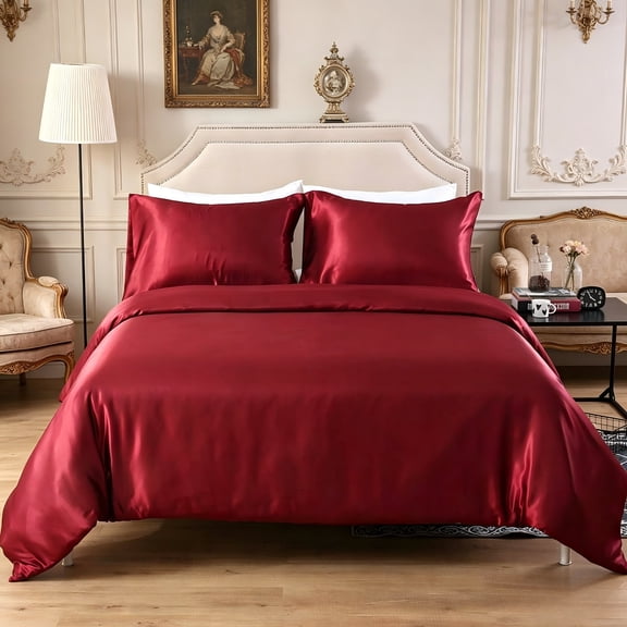 Duvet Cover - Ultra Soft Silky Satin Hotel Collection, Comforter Cover with Button Closure & Corner Ties, Twin/Twin XL, Red