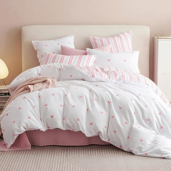 Duvet Cover White Pink Love Heart Striped Reversible Comforter Cover Soft Lightweight Microfiber Quilt Cover Twin Size