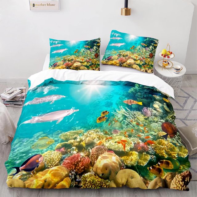 Duvet cover, Blue Ocean Series Animal Coral Fish School, FULL, 3pcs ...