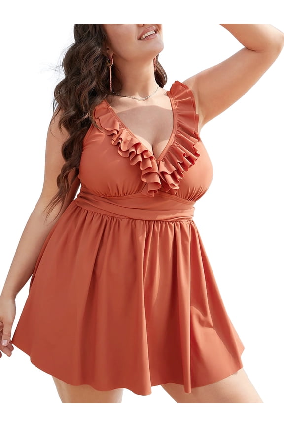 Plus Size Swim Dress for Women Ruffle Trim Swimsuit V Neck Two Piece Bathing Suits