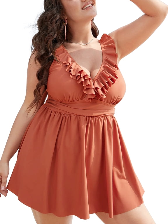 Plus Size Swim Dress for Women Ruffle Trim Swimsuit V Neck Two Piece Bathing Suits