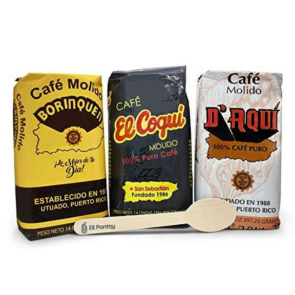 Duxe Puerto Rican Coffee Section | Cafe  Coqui, Cafe D'Aqui,  Cafe Borinquen Ground Coffee from Puerto Rico, 14 Ounce (Pack of 3) - Includes   Spoon