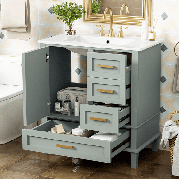 Duxelifin 30" Bathroom Vanity with Sink, Modern bathroom sink cabinet with Soft-Close storage Drawers, Freestanding Vanity with Ceramic Top (Light Green)