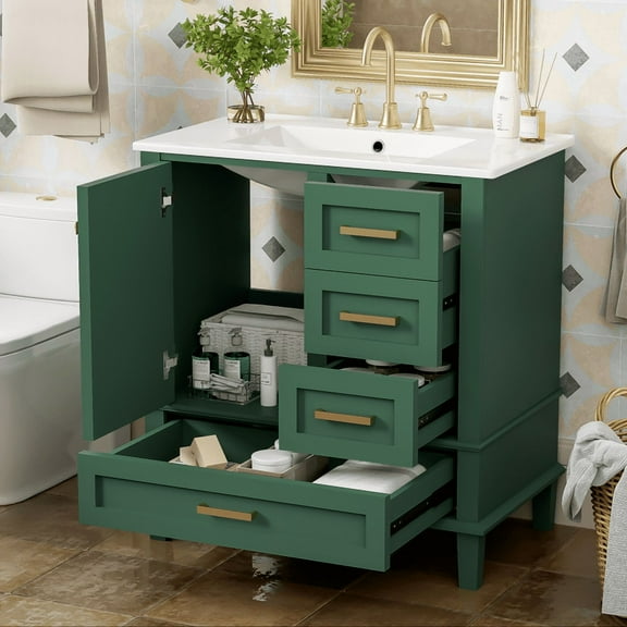 Duxelifin 30" Bathroom Vanity with Sink, Modern bathroom sink cabinet with Soft-Close storage Drawers, Freestanding Vanity with Ceramic Top (Green)