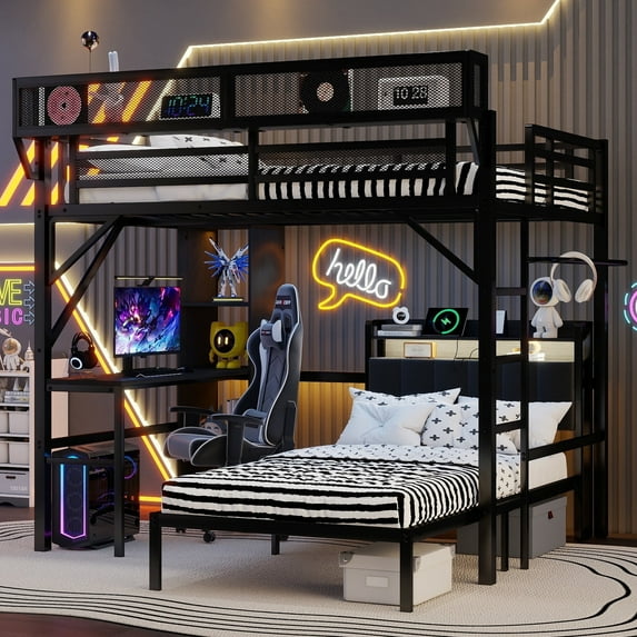 Mirightone Bunk Bed with Desk, Upper Shelf & Storage Bookshelves, Full Over Twin Bunk Beds with LED & Charge Station, Full Loft Bed w/Ladder, Safety Guardrail, Black