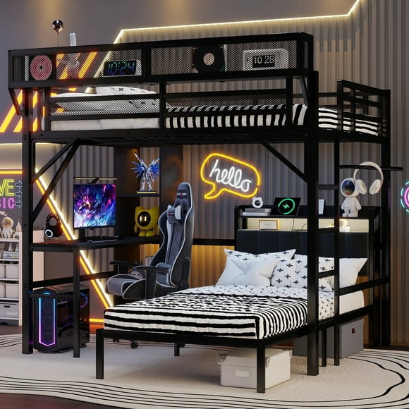 Mirightone Bunk Bed with Desk, Upper Shelf & Storage Bookshelves, Full Over Twin Bunk Beds with LED & Charge Station, Full Loft Bed w/Ladder, Safety Guardrail, Black