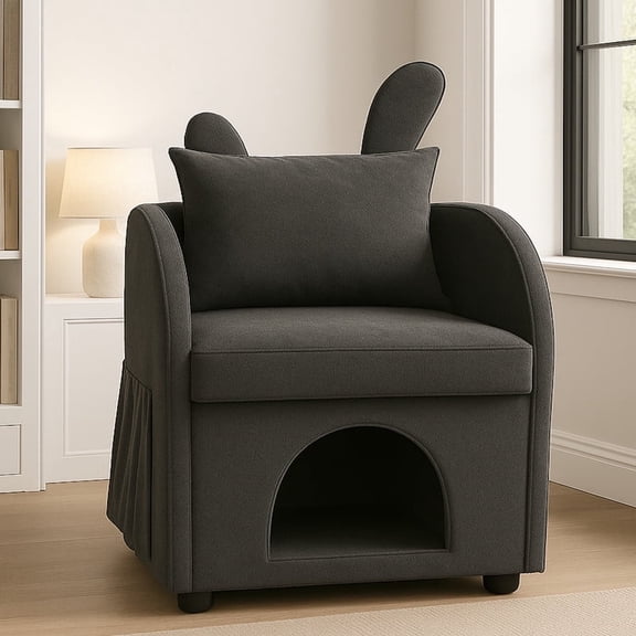 Mirightone Bunny-Ear Pet-Friendly Armchair with Built-in Cat & Dog Hideaway, Scratch-Resistant Fabric Sofa Chair with Side Pocket, Dark Gray