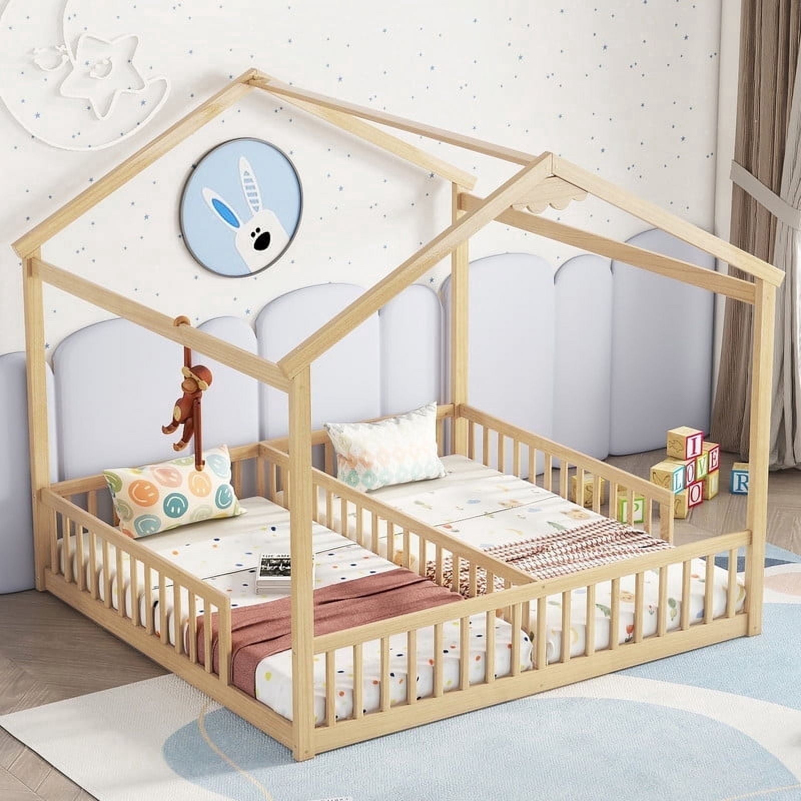 Mirightone Double Twin Bed Frames for , Twin House Bed for 2，Wood Montessori Floor Beds Frame with Fence Railings,（Natural）