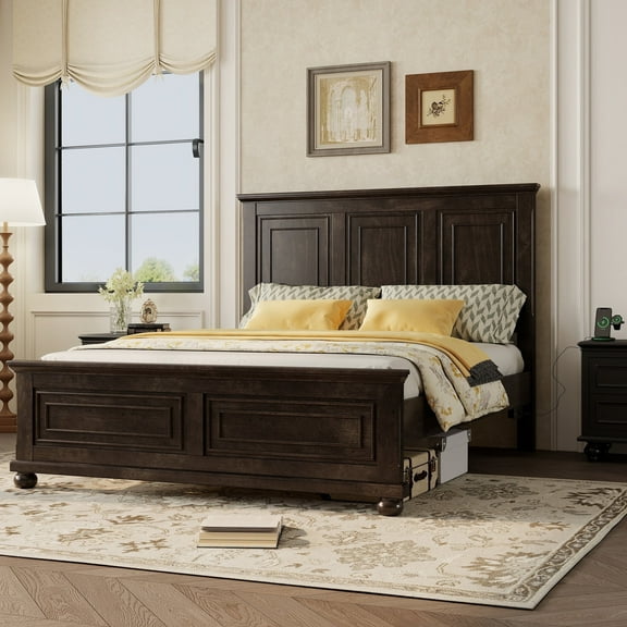 Mirightone Farmhouse King Size Bed Frame with Tall Headboard & Footboard and Built-in Charging Station, Wooden King Bed Frame with Wood Panel Bed Base, No Squeak, Rich Brown