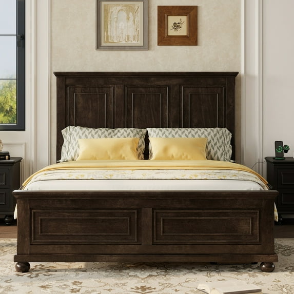 Mirightone Farmhouse King Size Bed Frame with Tall Headboard & Footboard and Built-in Charging Station, Wooden King Bed Frame with Wood Panel Bed Base, No Squeak, Rich Brown