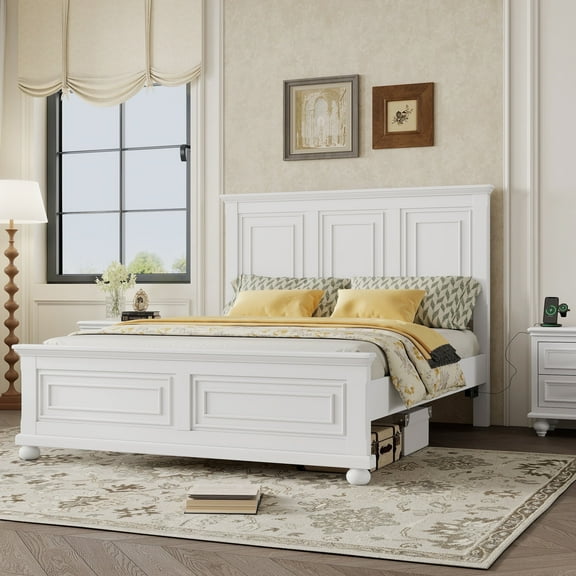 Mirightone King Size Bed Frame Wood with Tall Headboard and Footboard, King Farmhouse Bed Frame, Pinewood Platform Beds with Built-in Charging Station,No Box Spring Needed, White