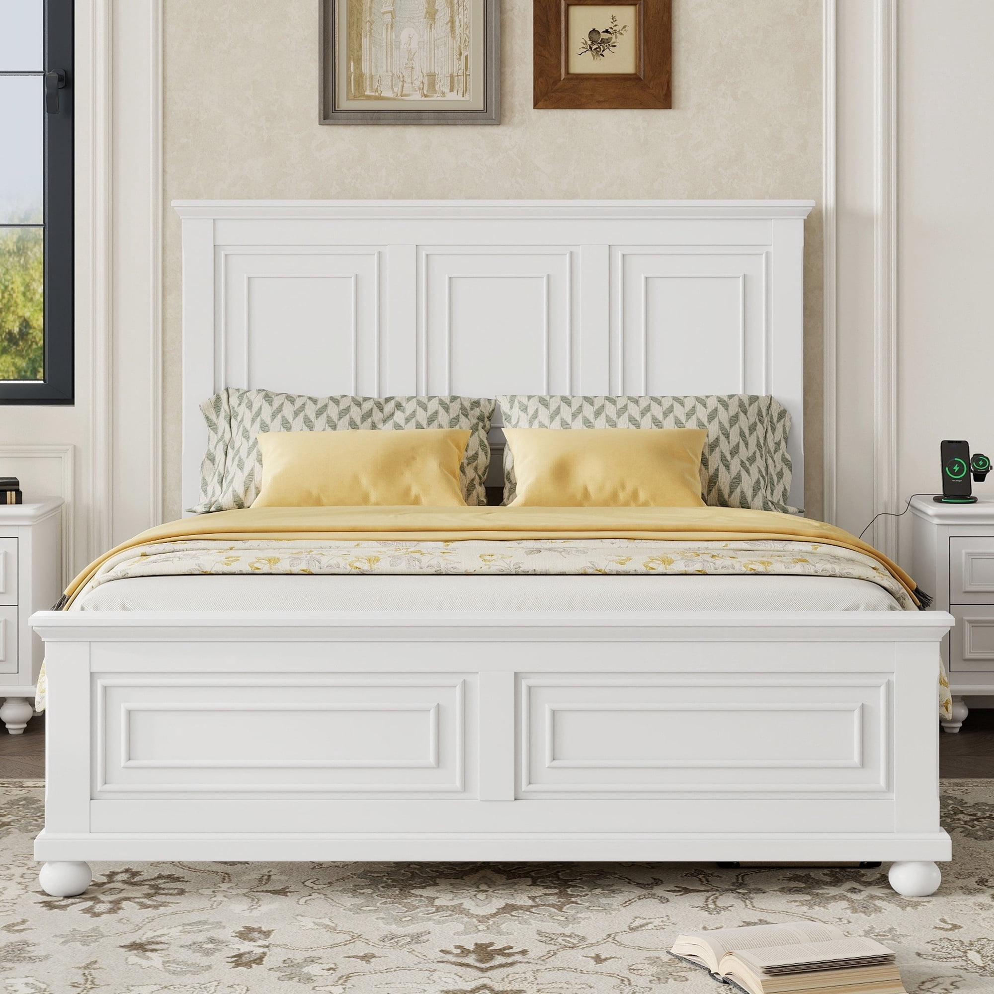 Mirightone King Size Farmhouse Bed Frame with Charging Station, Tall Headboard & Footboard, Solid Wood Platform Bed, No Box Spring Needed, Noise-Free, White