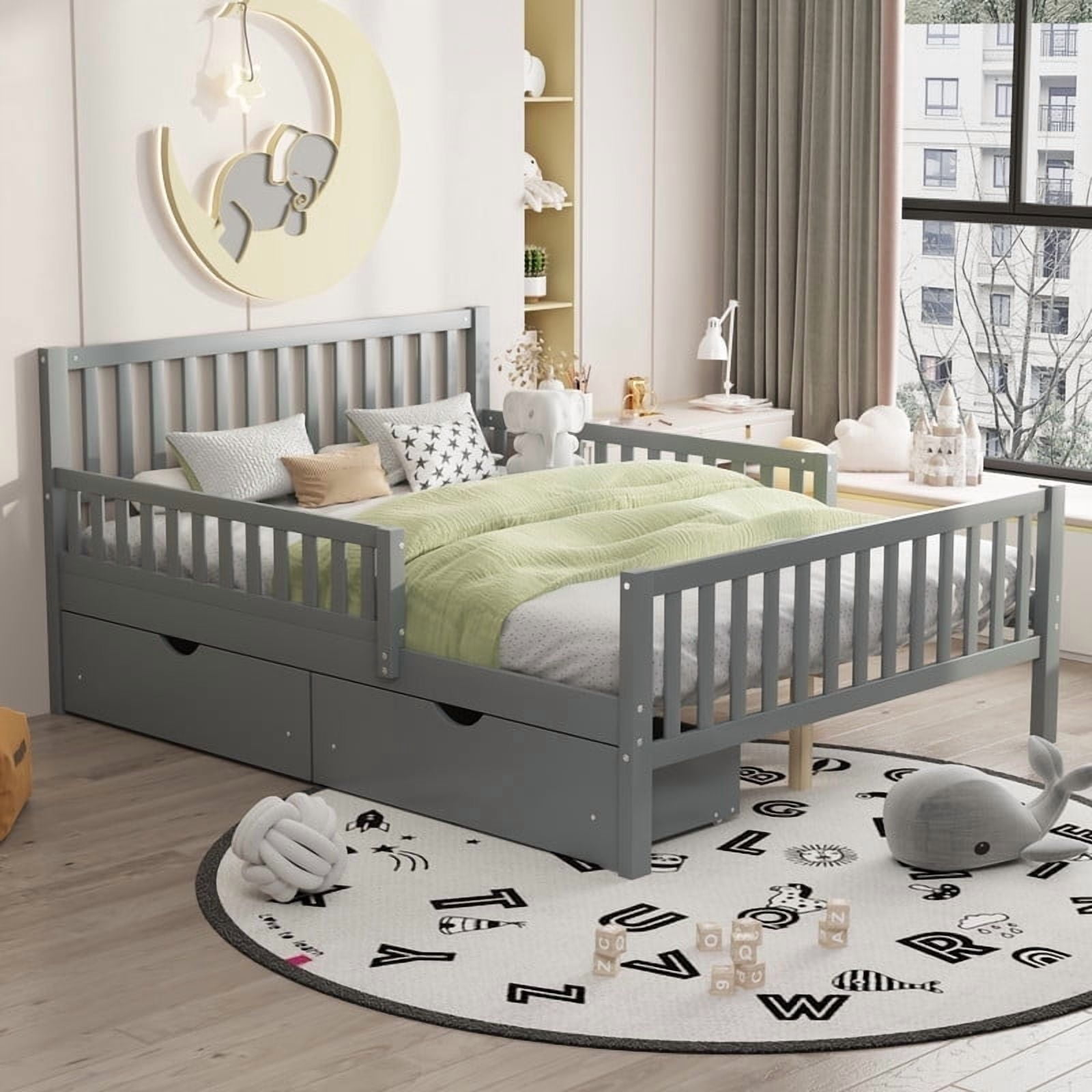 Mirightone Full Bed Frame with Storage Drawers and Guardrails, Full Size