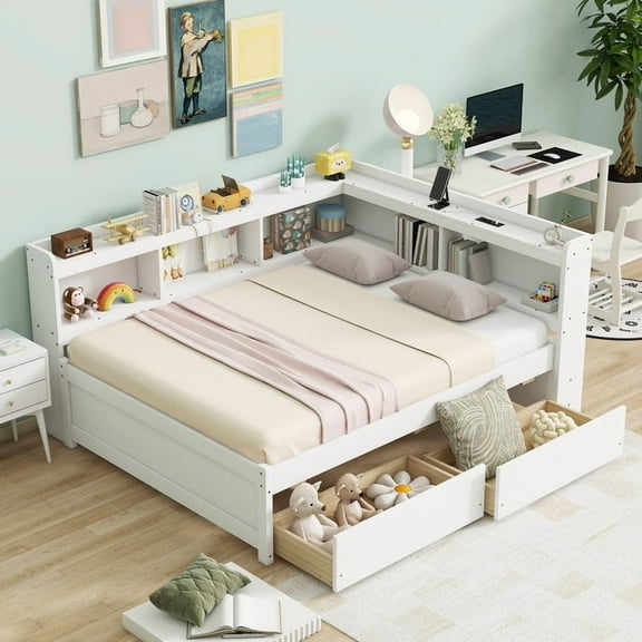Duxelifin Full Daybed with Storage Bookcase and Drawers, Wood Corner Bed with Charging Station,&nbsp;Full Size Bed Frame Whtie.