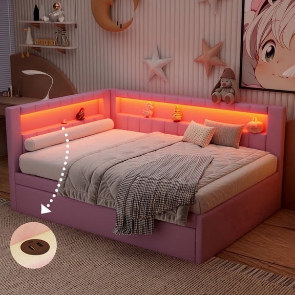 Mirightone Full Daybed with Trundle and Storage, Upholstered Corner Bed with USB Ports & LED, Full Daybed for Adults Teens, Pink