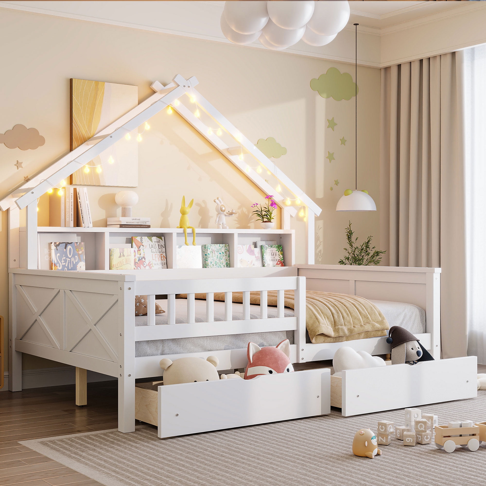 Duxelifin Full Kids Platform Bed with Storage Drawers & Shelves, House Platform Bed Frame with LED and Guardrail for Kids, White