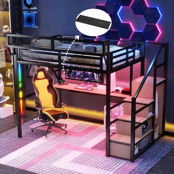 Mirightone Full Loft Bed with Desk and Storage Shelves, Loft Bed with Stairs and Wardrobe, Metal Loft Bed with Charging Station & Light for Teens Adults, Black
