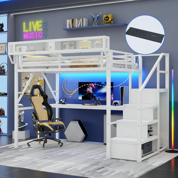 Mirightone Full Loft Bed with Desk and Storage, Full Loft Bed with Stairs, Light and Wardrobe for Adults Teens, White
