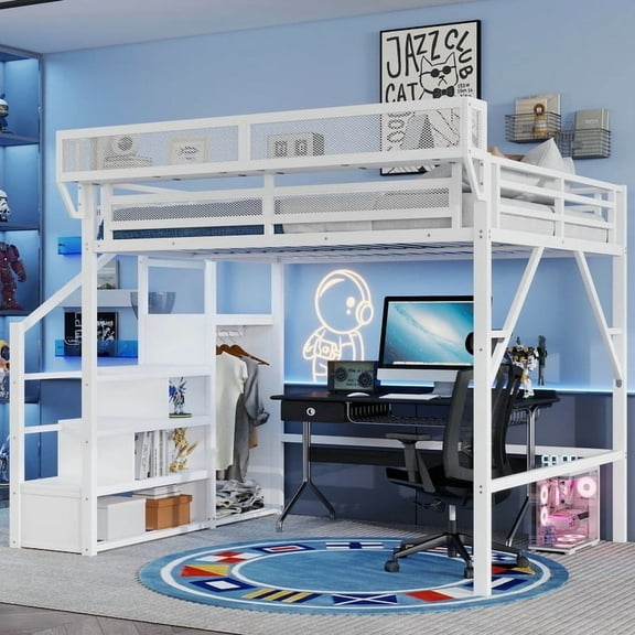 Mirightone Full Loft Bed with Storage Shelves, Metal Loft Bed with Stairs, Heavy Duty High Loft Bed with Wardrobe for Teens Adults, White