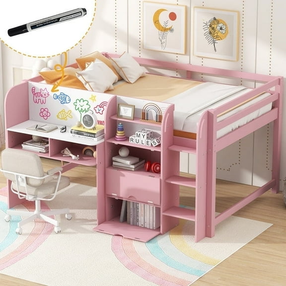 Mirightone Full Size Low Loft Bed with Desk and Storage Cabinets，Low Loft Bed with Bookcase for Girls Boys, Pink
