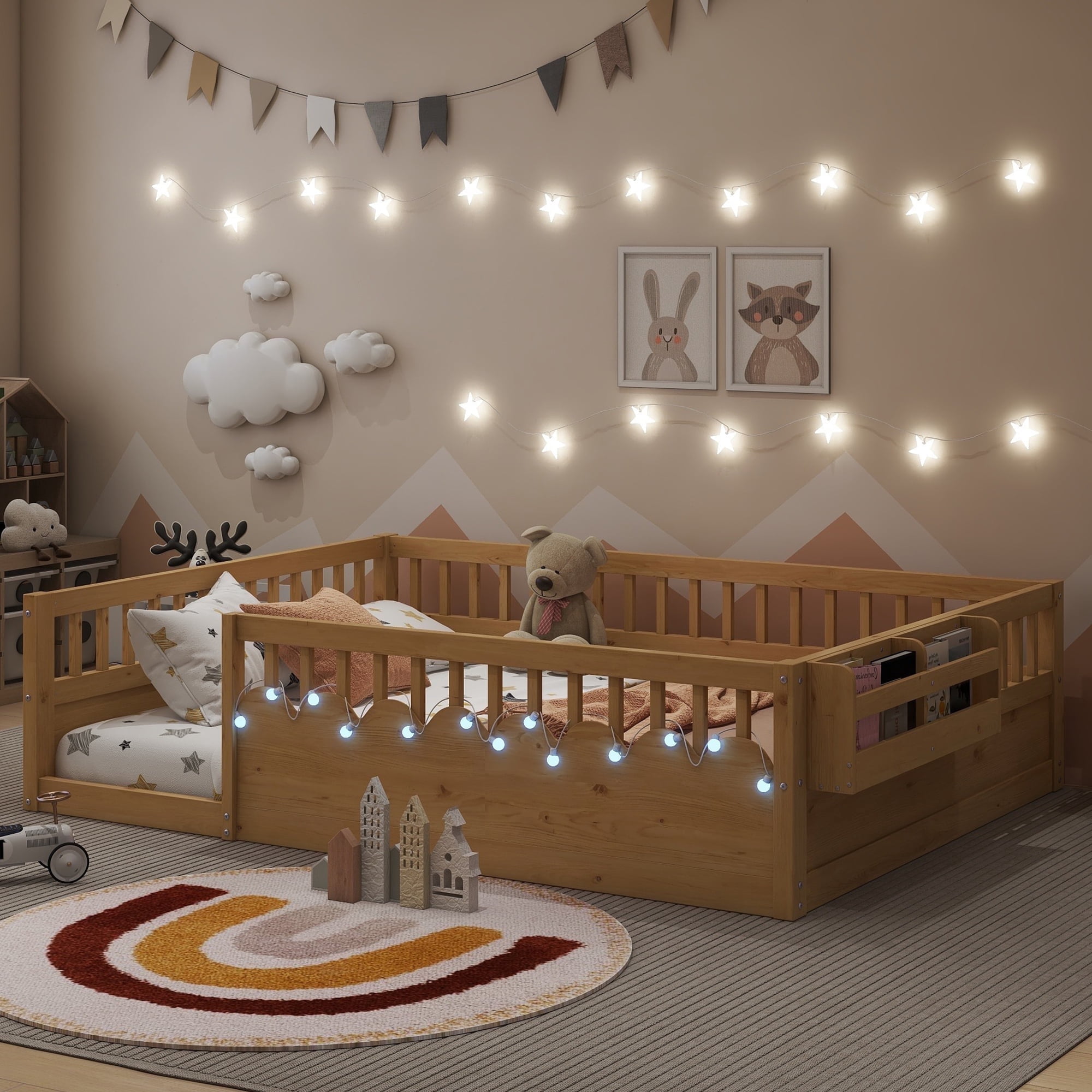 Mirightone Full Montessori Floor Bed with High Rails and Storage Shelf, Wood  Floor Beds  Frame with Light for Boys Girls, Natural