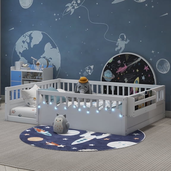 Mirightone Full Montessori Bed with Rails and Storage Shelf, Wood Floor Bed Frame with Light for Boys Girls, White