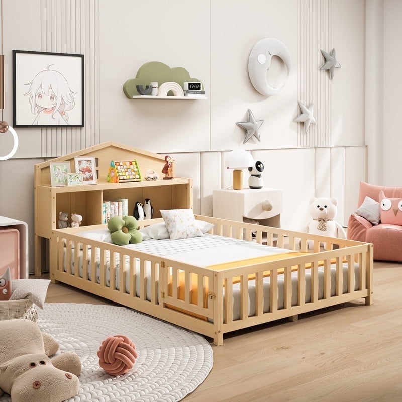 Mirightone Full Montessori Floor Bed with Storage Headboards and Guard rails, Montessori Bed Frame with Blackboards for Kids Teens, Natural