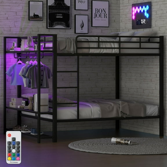 Duxelifin Full Over Full Bunk Bed with Storage Mesh Shelves, Metal Bunk Bed with Clothes Hooks and Light for Adults Teens, Black